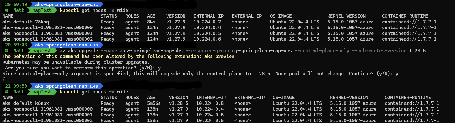 Upgrade Command with node outputs showing auto upgrade 