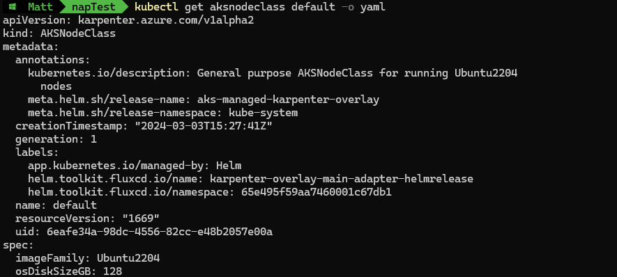 Kubectl get aksnodeclass command and output